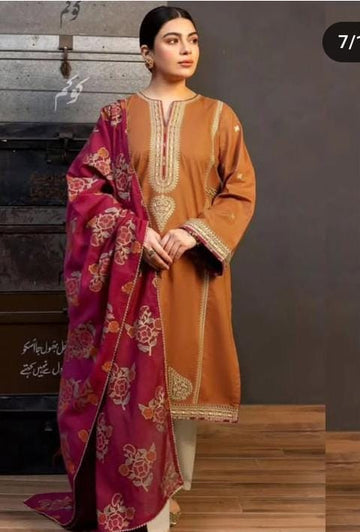 3- Piece Embroidered Dhanak Dress with Shawl