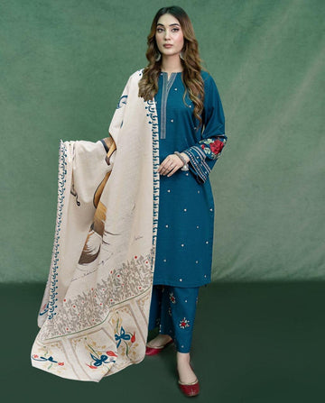 3- Piece Embroidered Dhanak Dress with Shawl