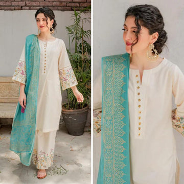 3- Piece Embroidered Dhanak Dress with Shawl