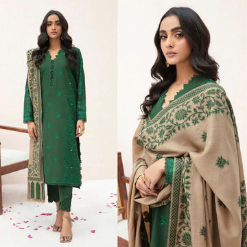 3- Piece Embroidered Dhanak Dress with Shawl