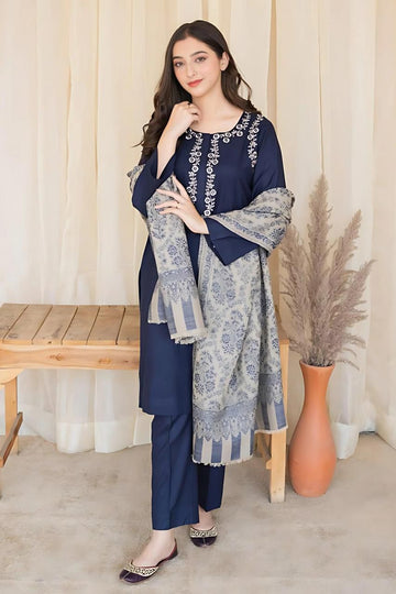 3- Piece Embroidered Dhanak Dress with Shawl