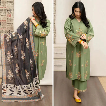 3- Piece Embroidered Dhanak Dress with  Shawl