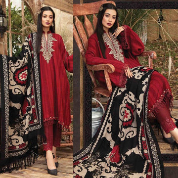 3- Piece Embroidered Dhanak Dress with Shawl