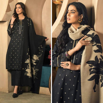 3- Piece Embroidered Dhanak Dress with Shawl