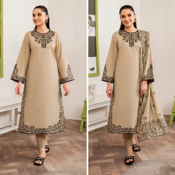 3- Piece Embroidered Dhanak Dress with Shawl
