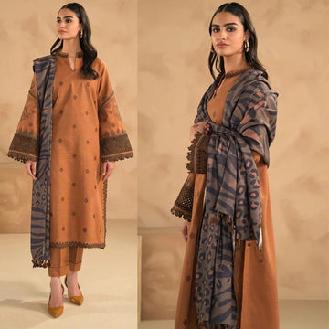 3- Piece Embroidered Dhanak Dress with Shawl
