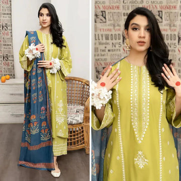 3- Piece Embroidered Dhanak Dress with Shawl