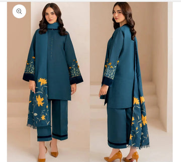 3- Piece Embroidered Dhanak Dress with Shawl