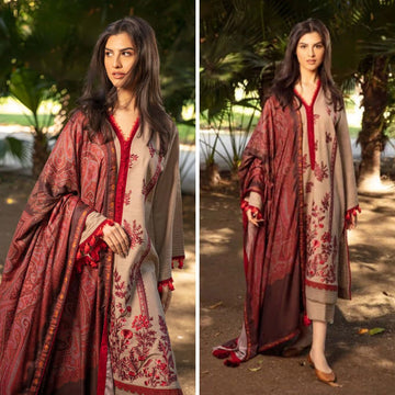 3- Piece Embroidered Dhanak Dress with  Shawl