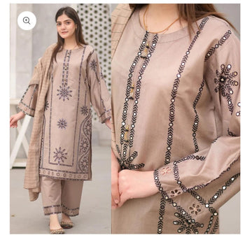 3- Piece Embroidered Dhanak Dress with Shawl