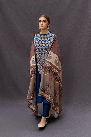 3- Piece Embroidered Dhanak Dress with Shawl