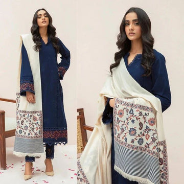 3- Piece Embroidered Dhanak Dress with Shawl