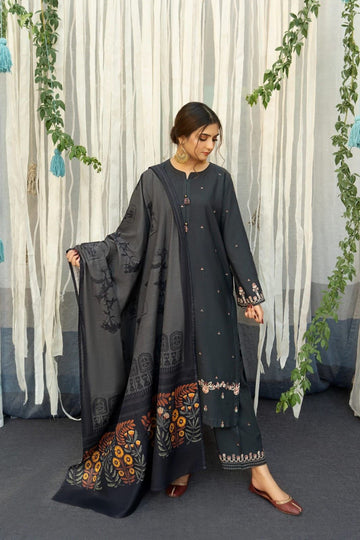 3- Piece Embroidered Dhanak Dress with Shawl