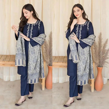 3- Piece Embroidered Dhanak Dress with Shawl