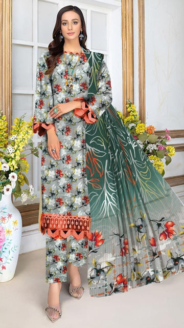 Embroidered lawn 3-piece dress