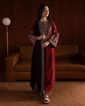 3- Piece Embroidered Dhanak Dress with Shawl
