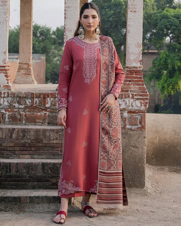 3- Piece Embroidered Dhanak Dress with Shawl