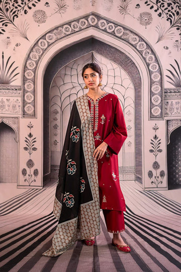 3- Piece Embroidered Dhanak Dress with Shawl