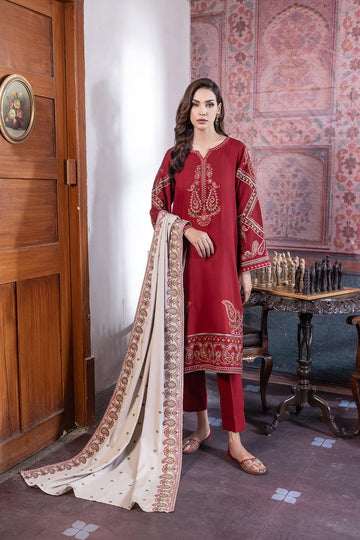 3- Piece Embroidered Dhanak Dress with Shawl