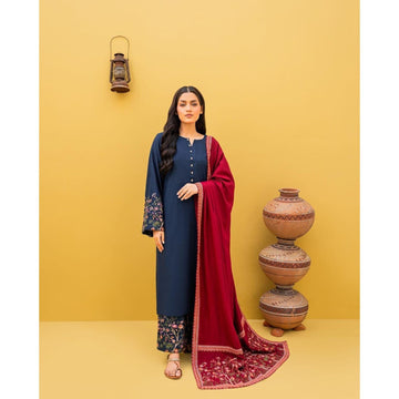 3- Piece Embroidered Dhanak Dress with Shawl
