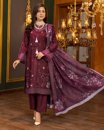 Embroidered Dhanak 3-Piece Suit