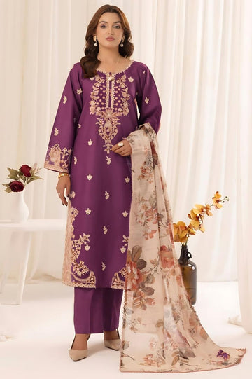 plum purple - Embroidered Lawn 3 Piece