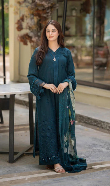 peacock green   - Embroidered Lawn 3 Piece