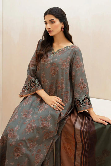 3- Piece Lawn Embroidered Dress With Lawn Dupatta